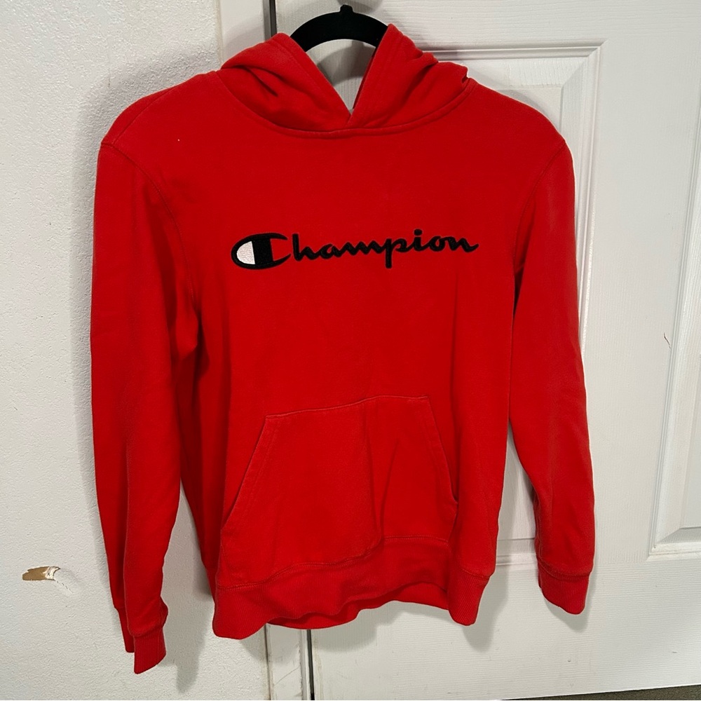 Kids red Champion hoodie.